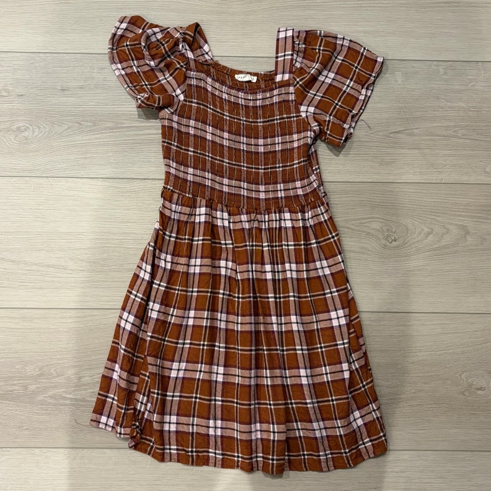 Girls Rust Plaid Puff-Sleeve Dress